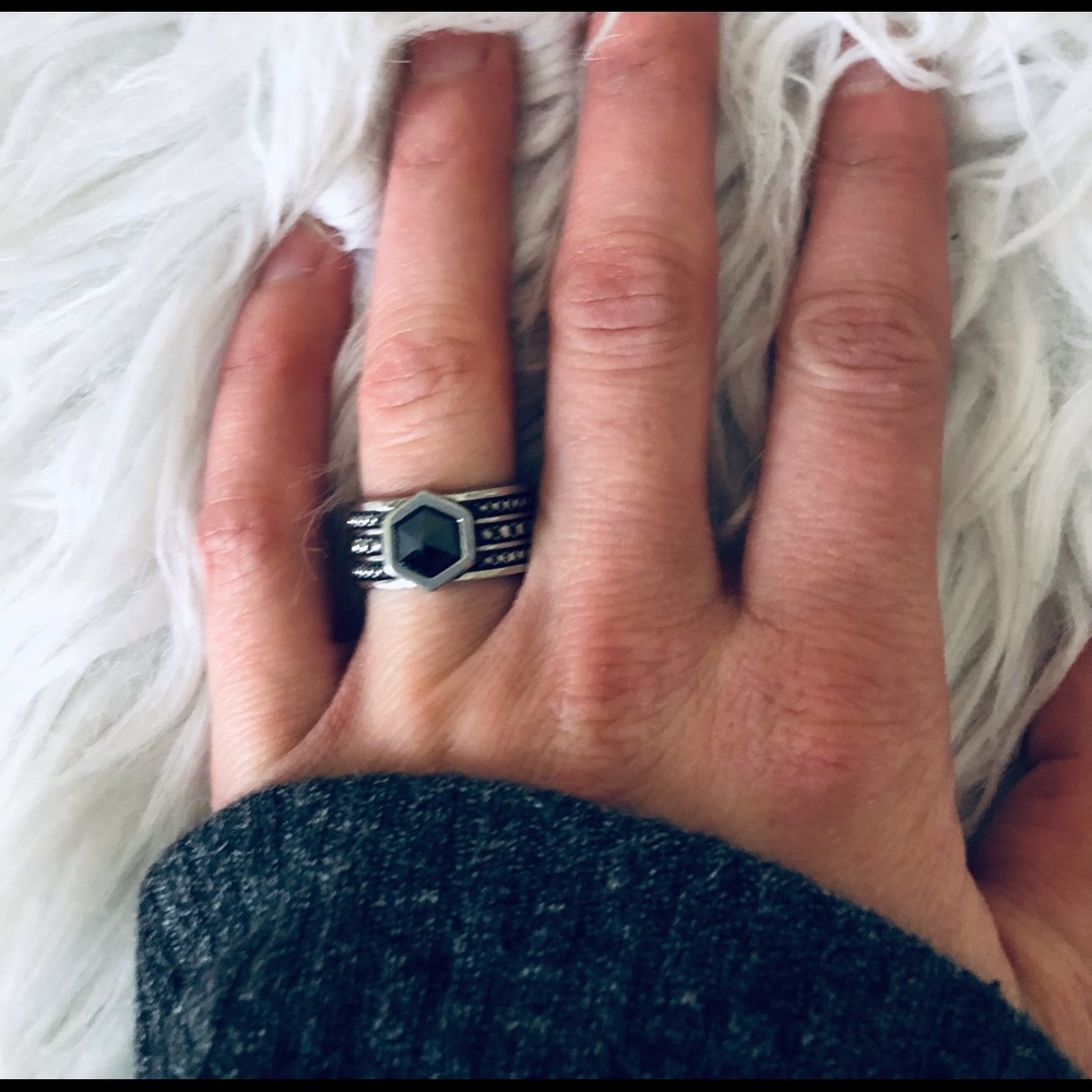 Caroline Neron Stainless Steel ring with black pointy stone sz 5.25 - Picture 2 of 4